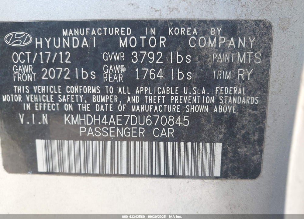 2013 HYUNDAI ELANTRA VIN: KMHDH4AE7DU670845