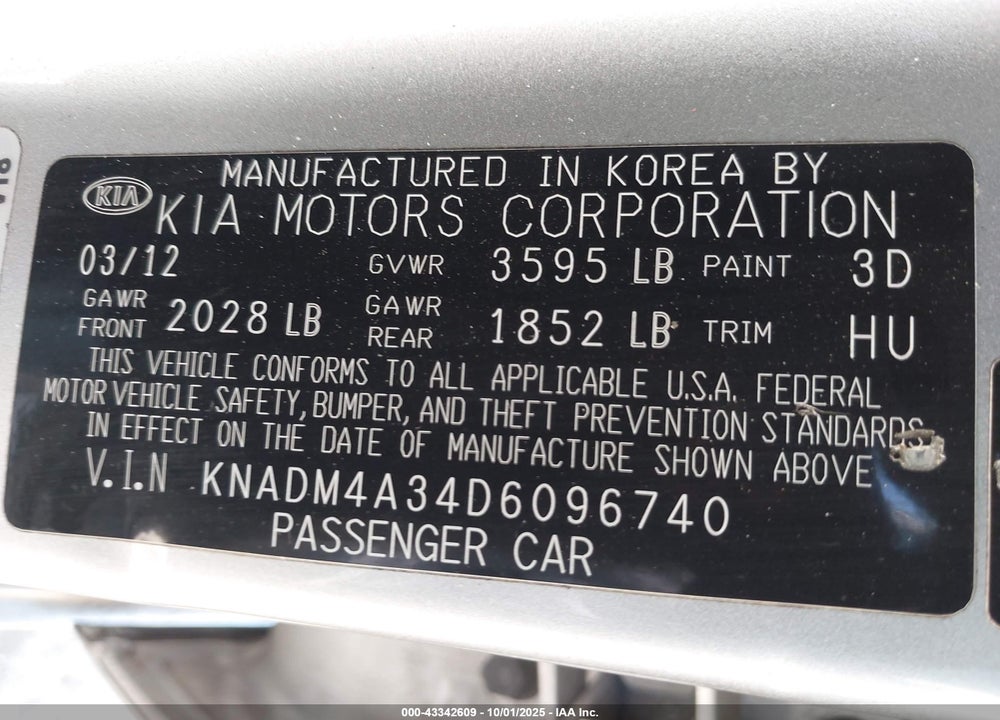 2013 KIA RIO VIN: KNADM4A34D6096740