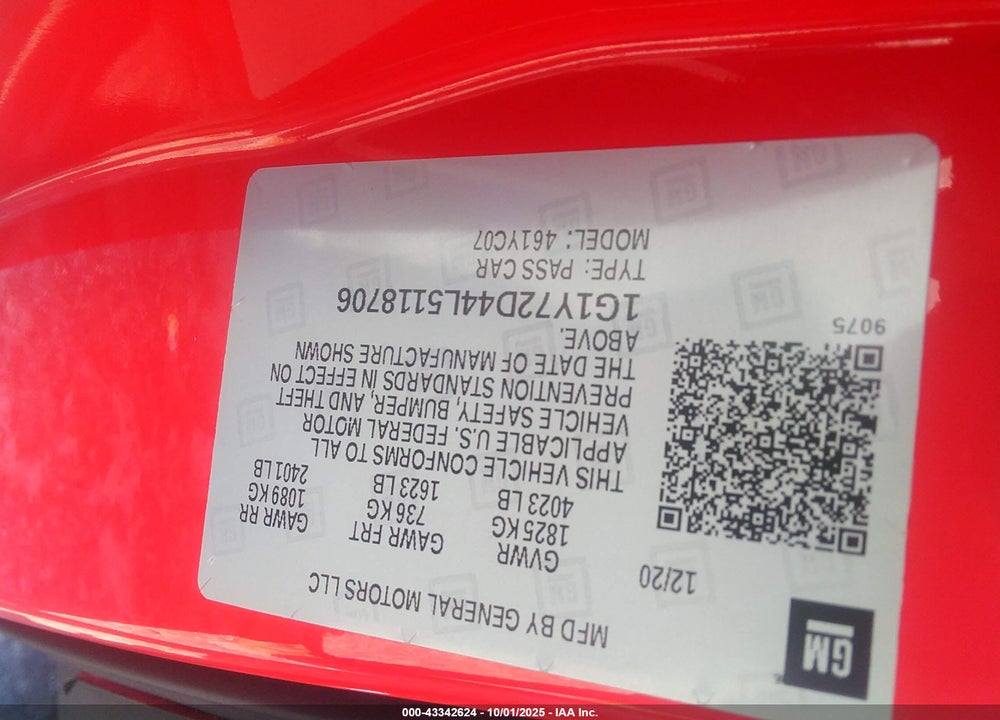 2020 CHEVROLET CORVETTE STINGRAY RWD 2LT VIN: 1G1Y72D44L5118706