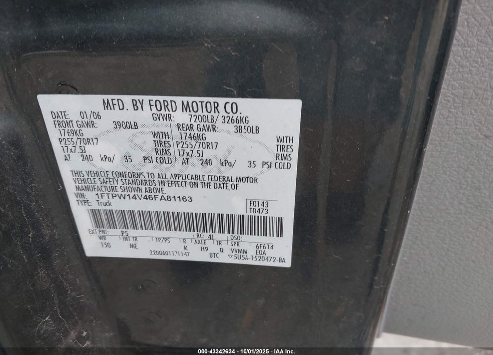 2006 FORD F-150 VIN: 1FTPW14V46FA81163