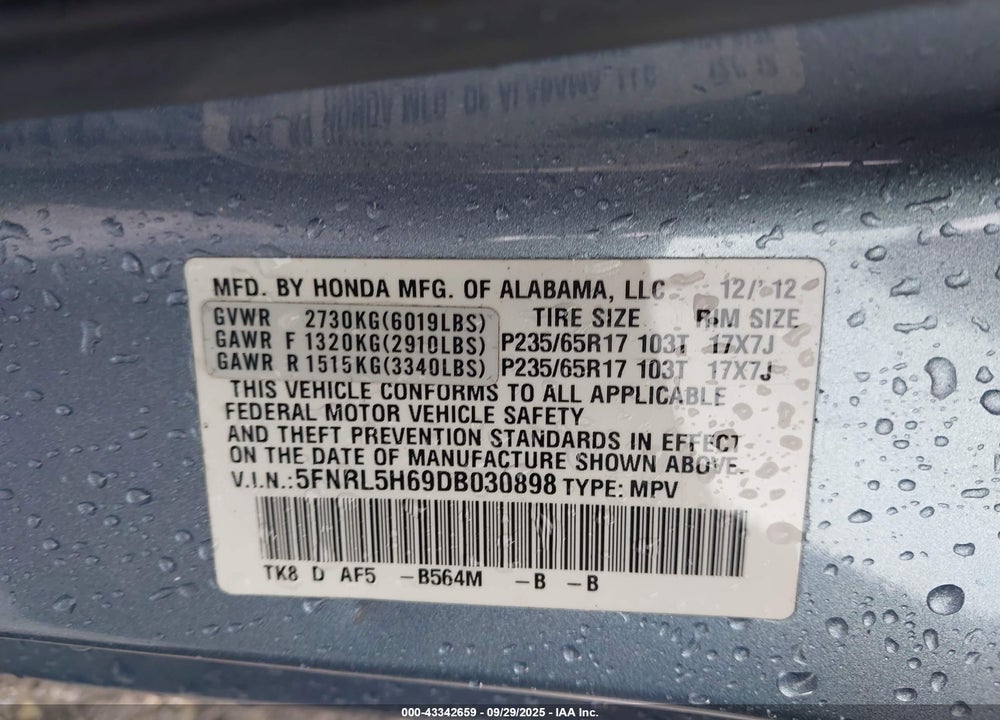 2013 HONDA ODYSSEY EX-L VIN: 5FNRL5H69DB030898