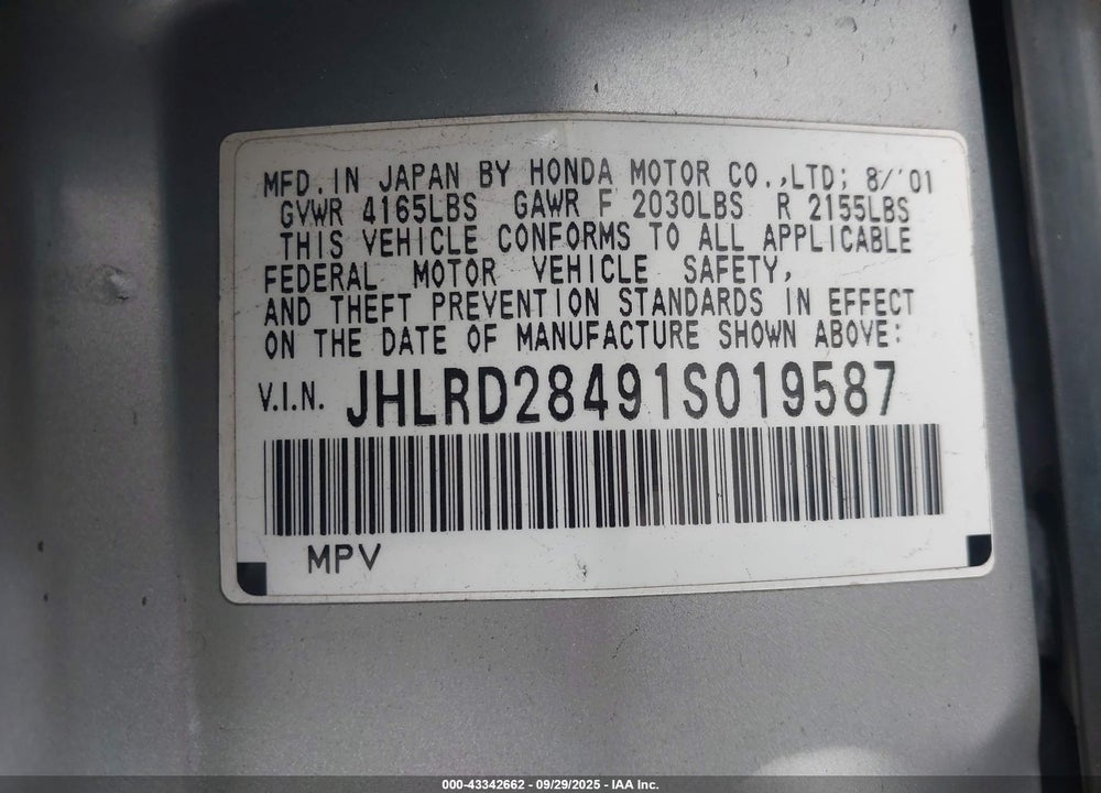 2001 HONDA CR-V LX VIN: JHLRD28491S019587