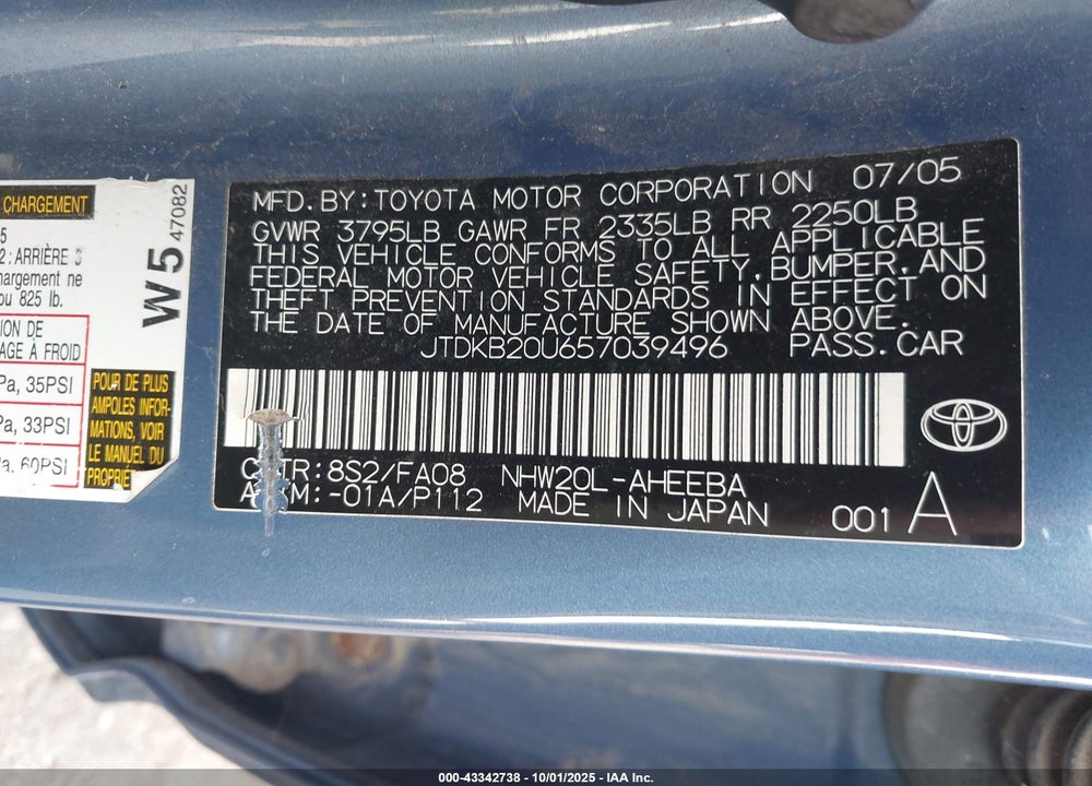 2005 TOYOTA PRIUS VIN: JTDKB20U657039496