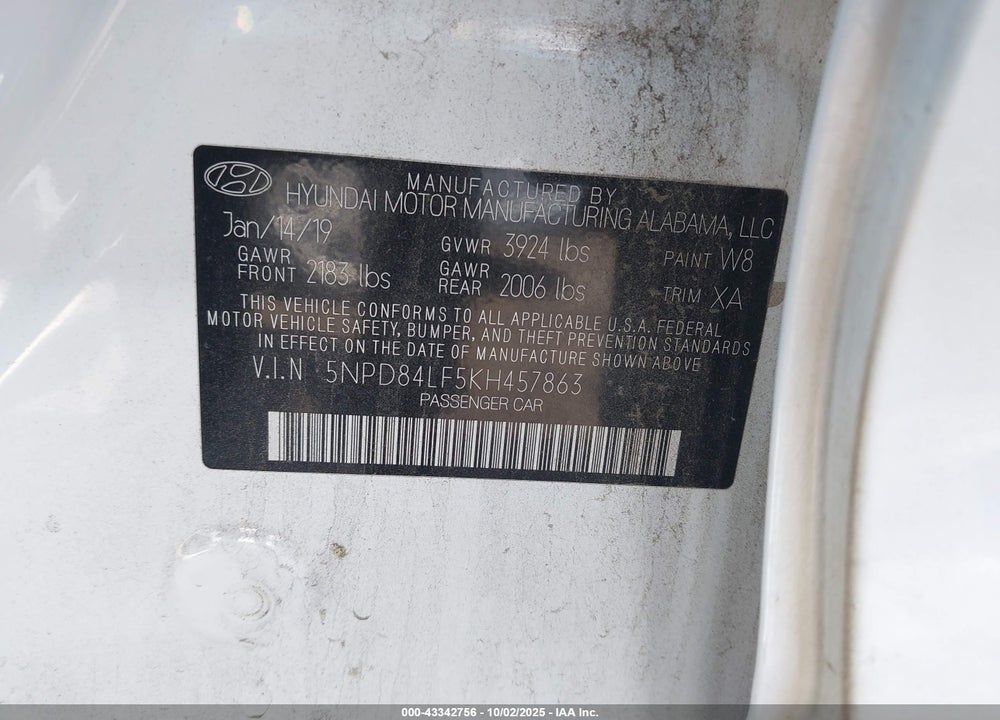 2019 HYUNDAI ELANTRA VIN: 5NPD84LF5KH457863