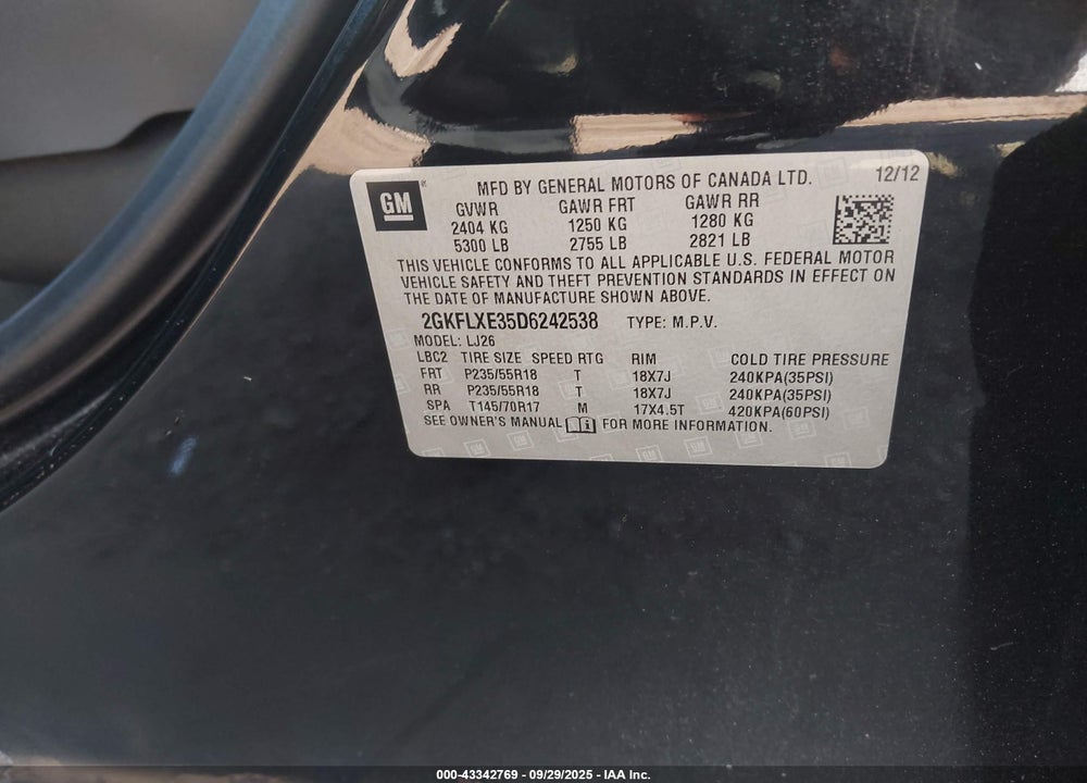 2013 GMC TERRAIN SLT-2 VIN: 2GKFLXE35D6242538