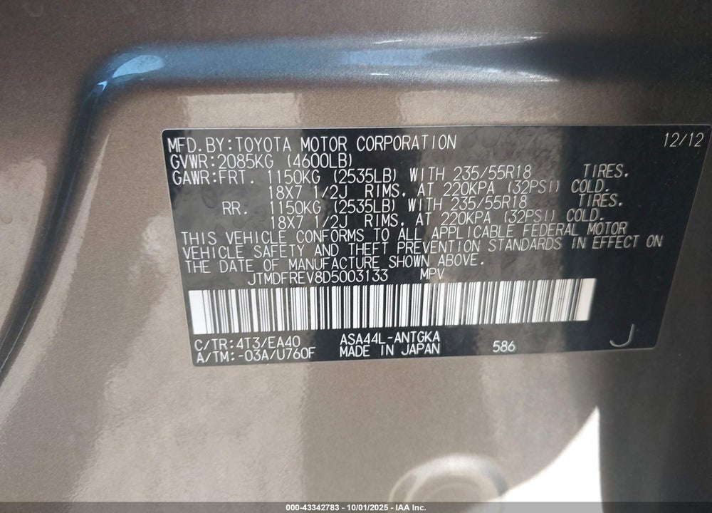 2013 TOYOTA RAV4 VIN: JTMDFREV8D5003133