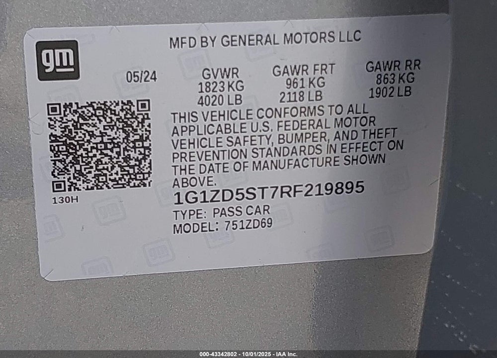 2024 CHEVROLET MALIBU FWD 1LT VIN: 1G1ZD5ST7RF219895