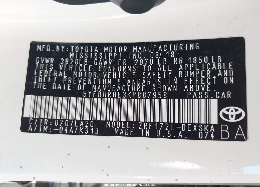 2019 TOYOTA COROLLA VIN: 5YFBURHE3KP887958