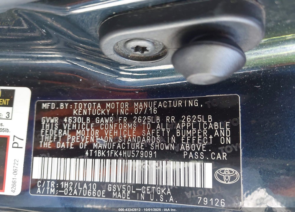 2017 TOYOTA CAMRY VIN: 4T1BK1FK4HU579091