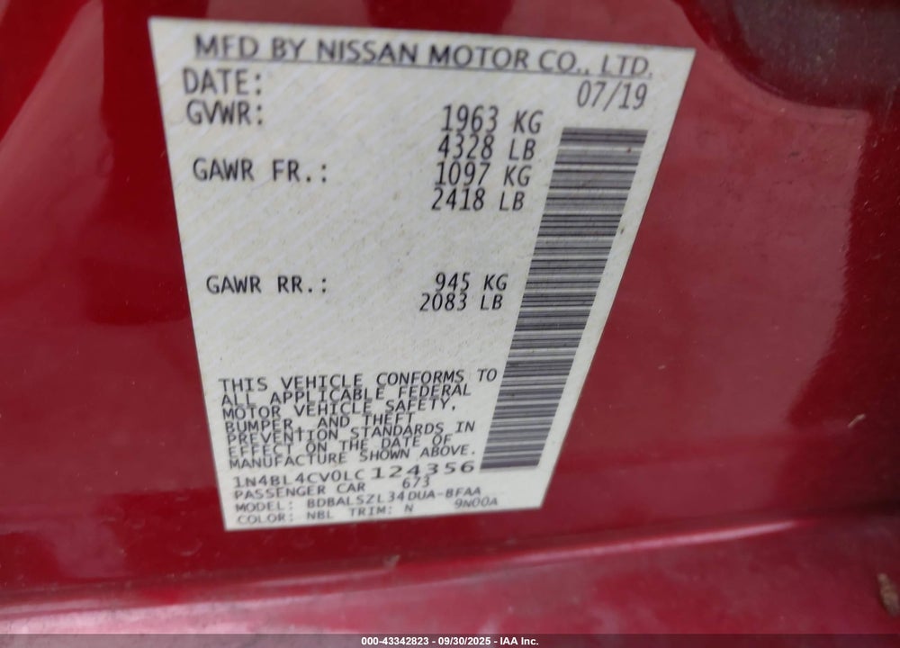 2020 NISSAN ALTIMA VIN: 1N4BL4CV0LC124356