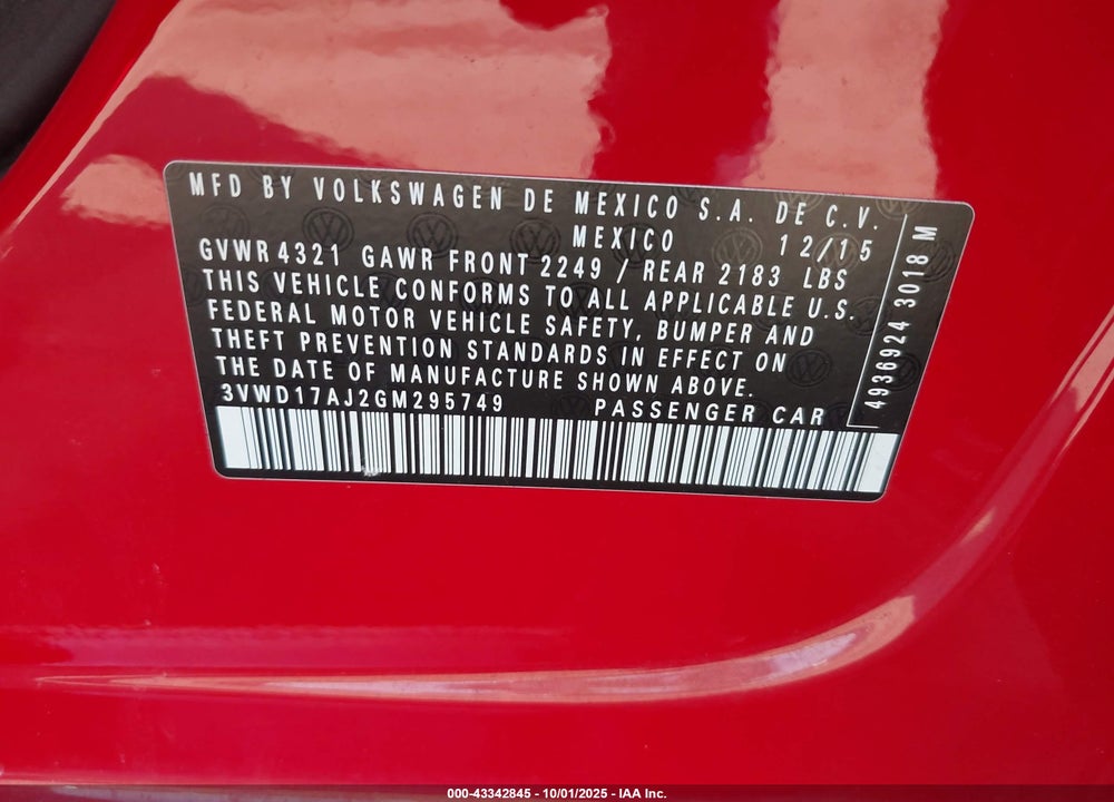 2016 VOLKSWAGEN JETTA VIN: 3VWD17AJ2GM295749