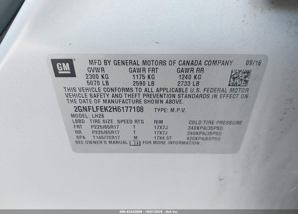 2017 CHEVROLET EQUINOX LT VIN: 2GNFLFEK2H6177108