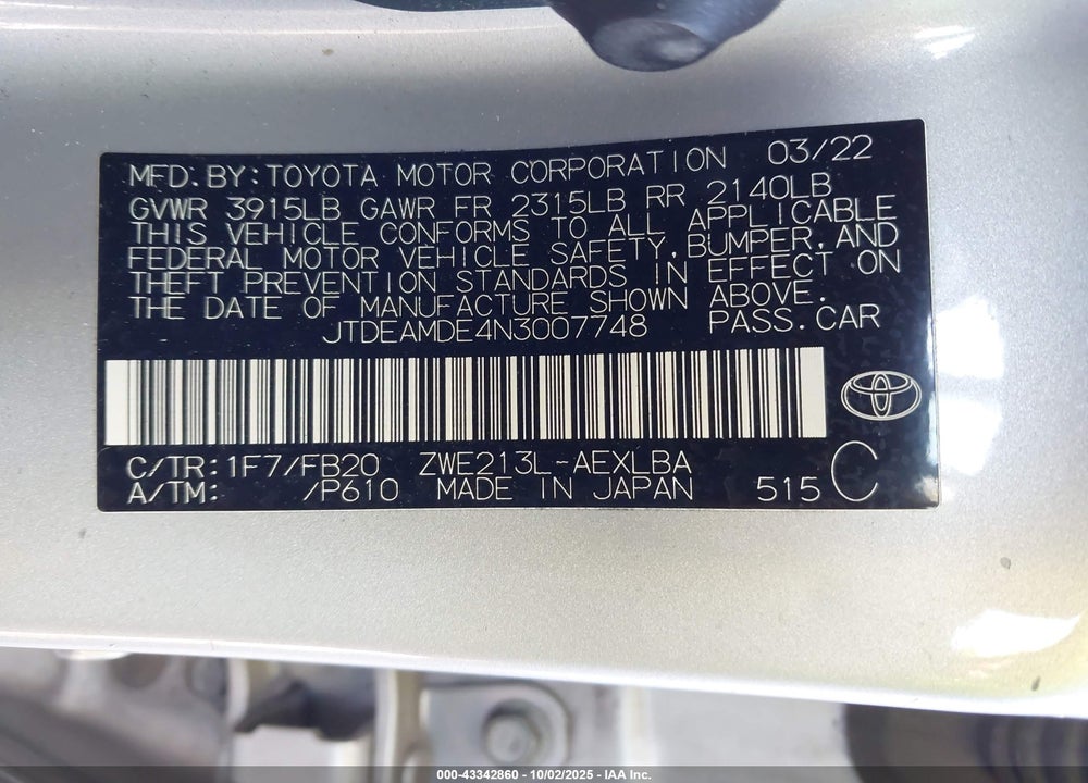 2022 TOYOTA COROLLA HYBRID LE VIN: JTDEAMDE4N3007748