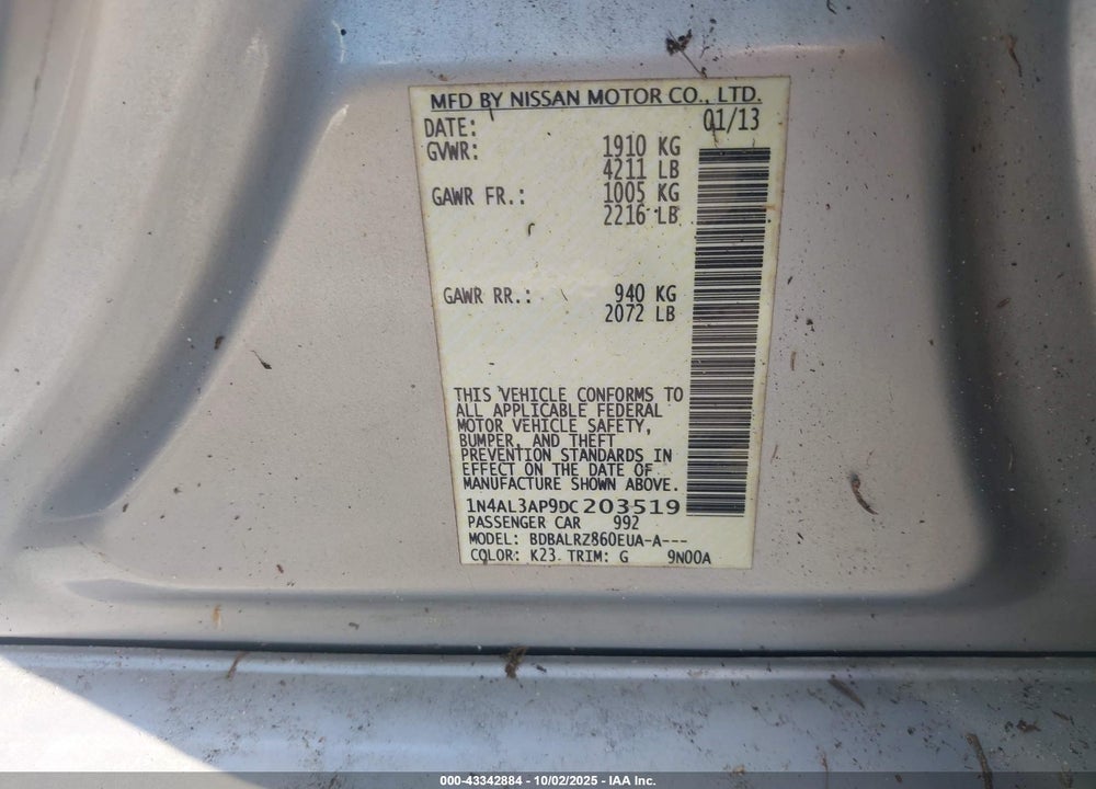 2013 NISSAN ALTIMA VIN: 1N4AL3AP9DC203519