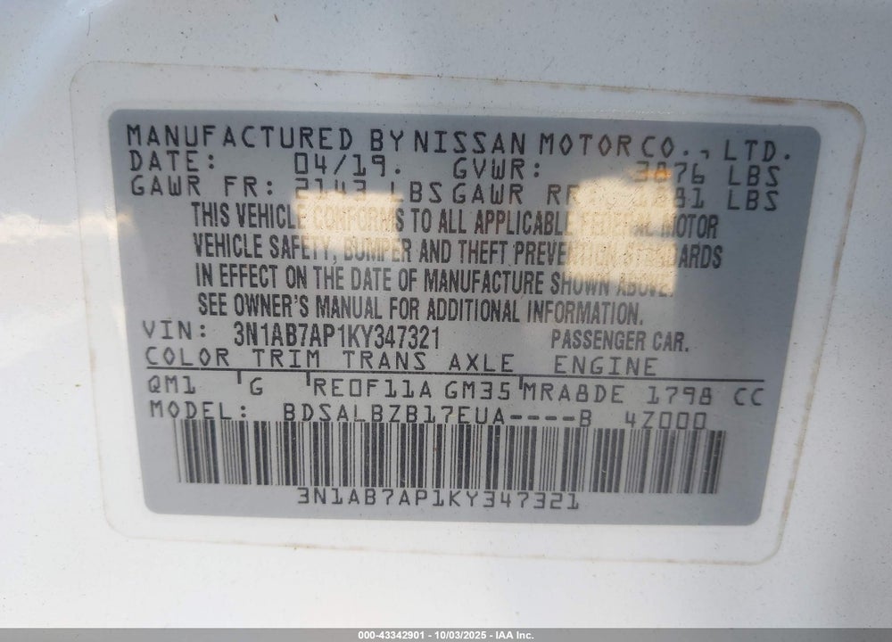 2019 NISSAN SENTRA VIN: 3N1AB7AP1KY347321