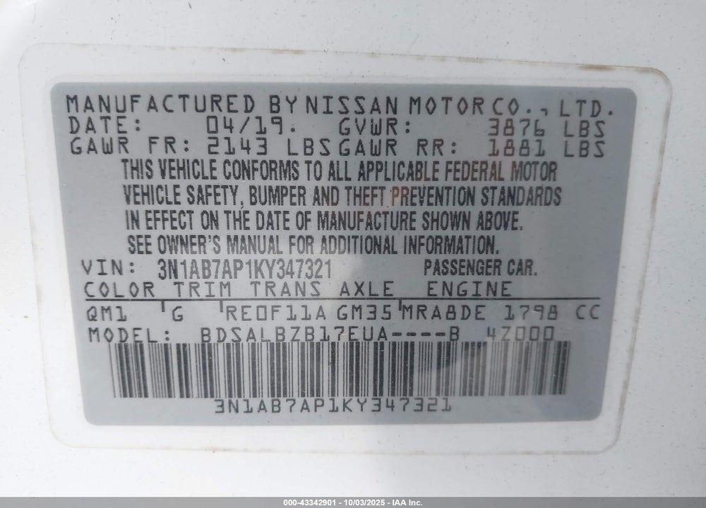 2019 NISSAN SENTRA VIN: 3N1AB7AP1KY347321
