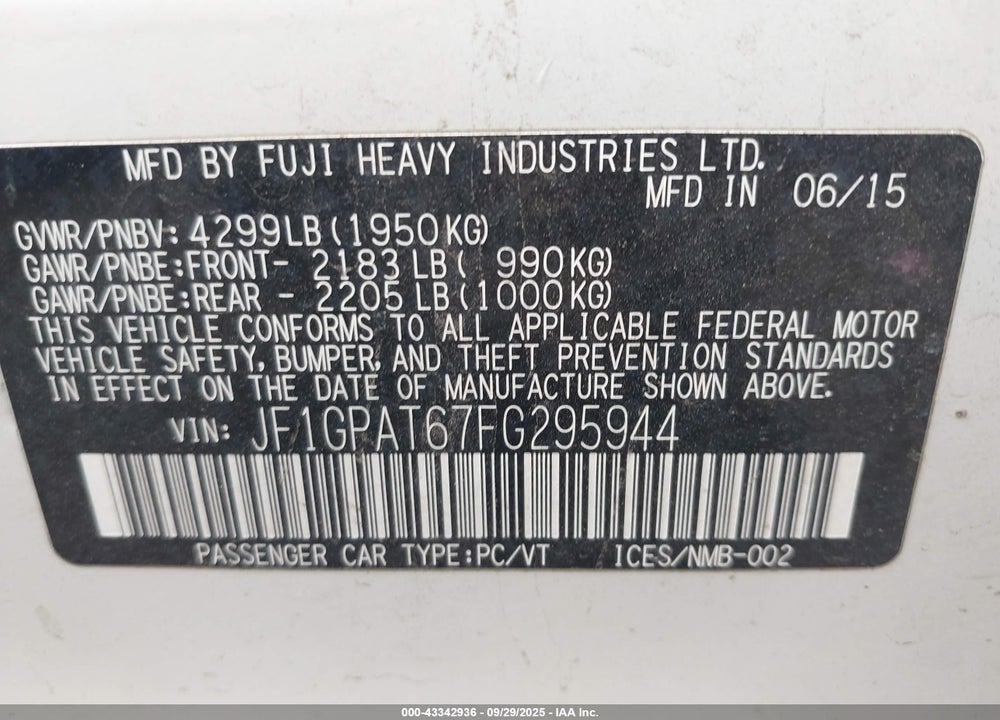 2015 SUBARU IMPREZA VIN: JF1GPAT67FG295944