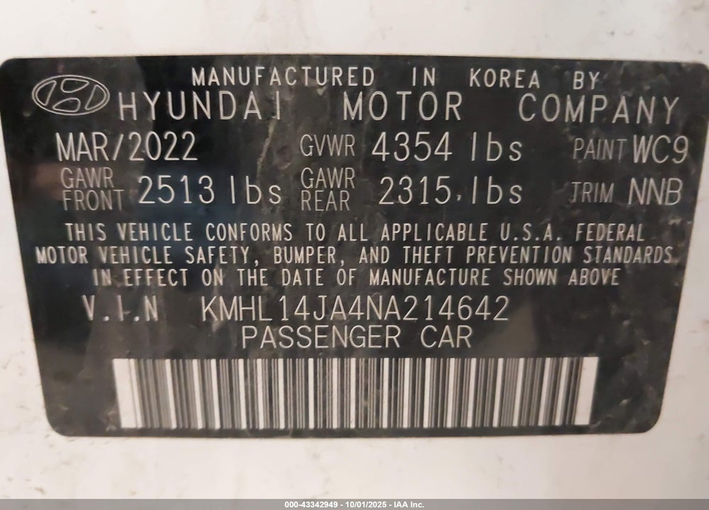 2022 HYUNDAI SONATA SEL VIN: KMHL14JA4NA214642