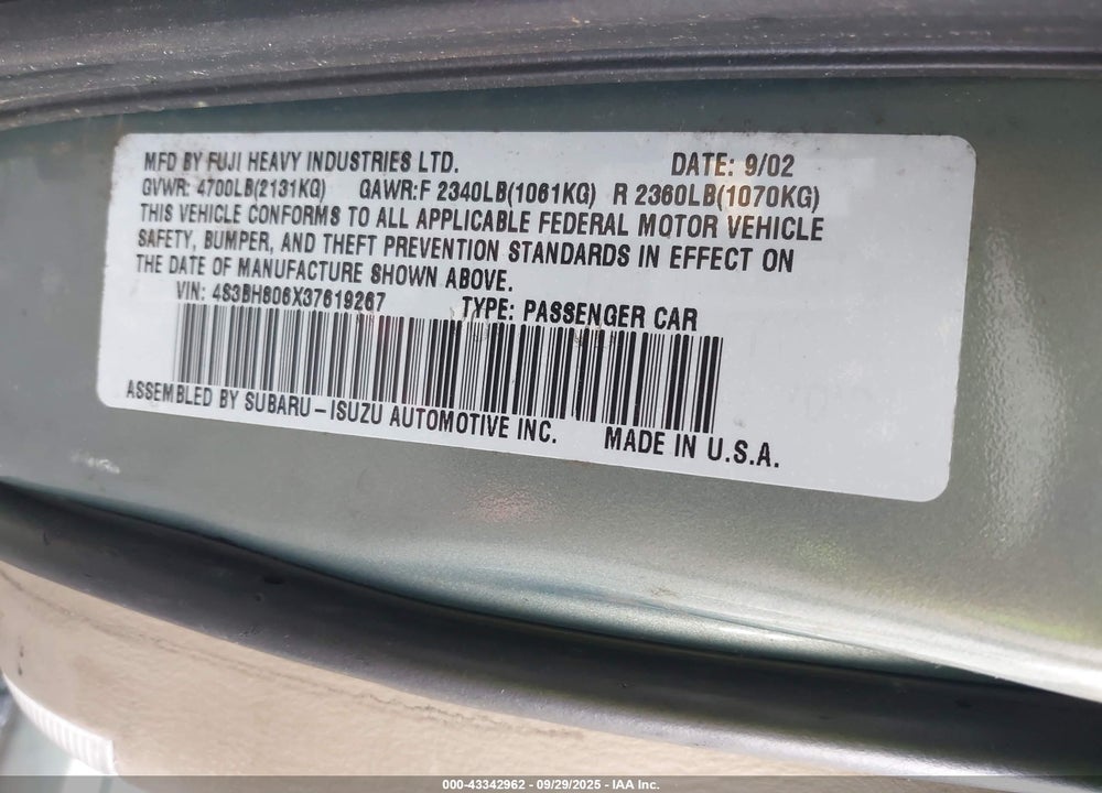 2003 SUBARU OUTBACK H6-3.0 L.L. BEAN EDITION VIN: 4S3BH806X37619267