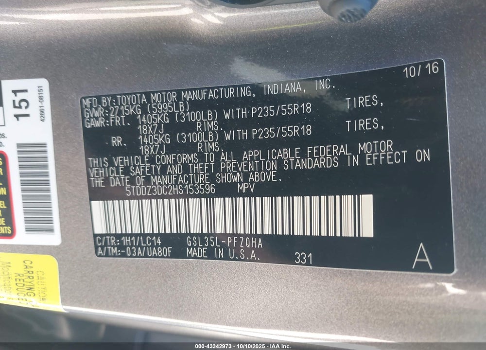 2017 TOYOTA SIENNA XLE PREMIUM 7 PASSENGER VIN: 5TDDZ3DC2HS153596