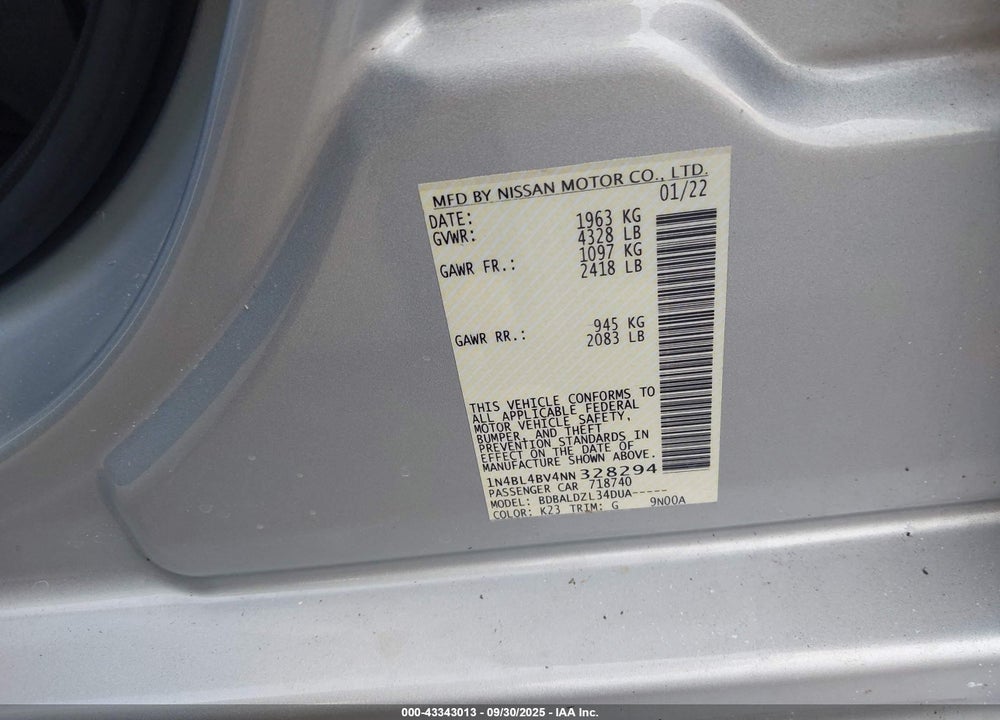 2022 NISSAN ALTIMA S FWD VIN: 1N4BL4BV4NN328294