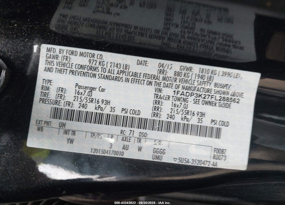 2015 FORD FOCUS SE VIN: 1FADP3K27FL288562