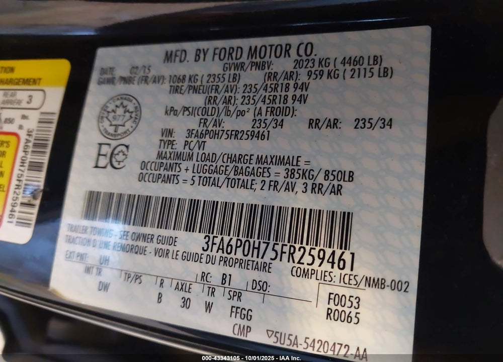2015 FORD FUSION VIN: 3FA6P0H75FR259461