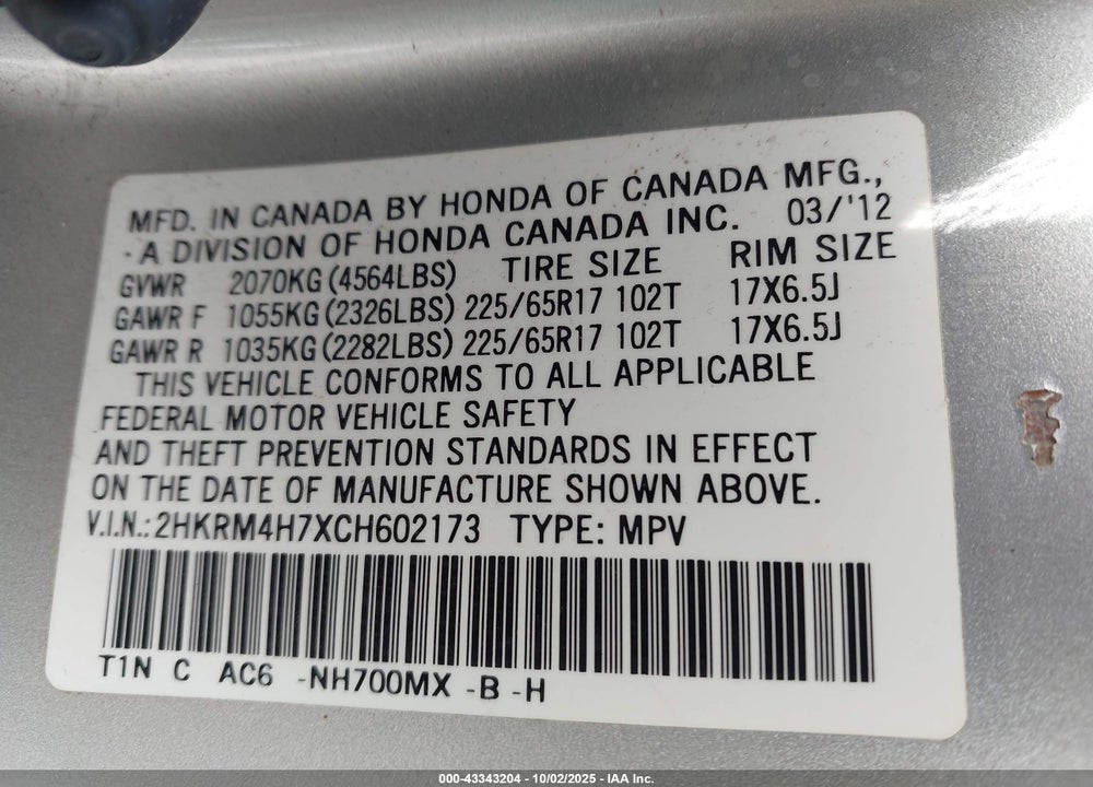 2012 HONDA CR-V EX-L VIN: 2HKRM4H7XCH602173
