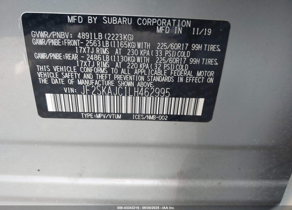 2020 SUBARU FORESTER VIN: JF2SKAJC1LH462995