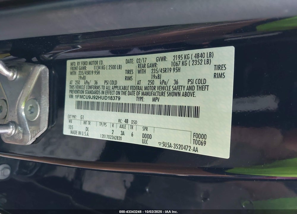 2017 FORD ESCAPE TITANIUM VIN: 1FMCU9J92HUD18379