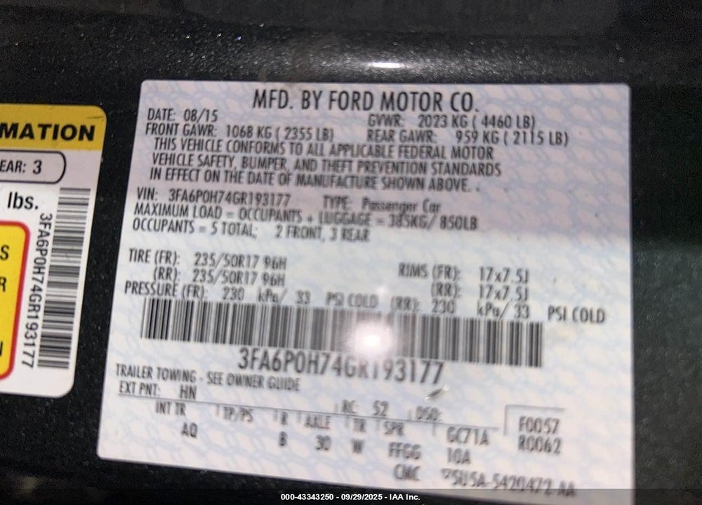 2016 FORD FUSION SE VIN: 3FA6P0H74GR193177