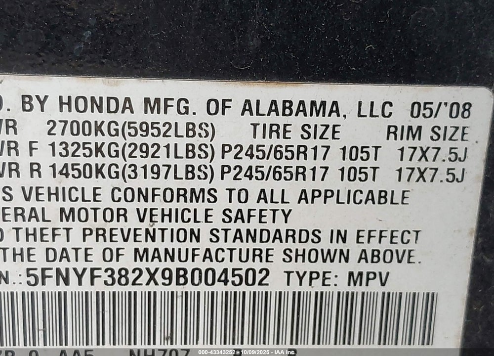 2009 HONDA PILOT VIN: 5FNYF382X9B004502