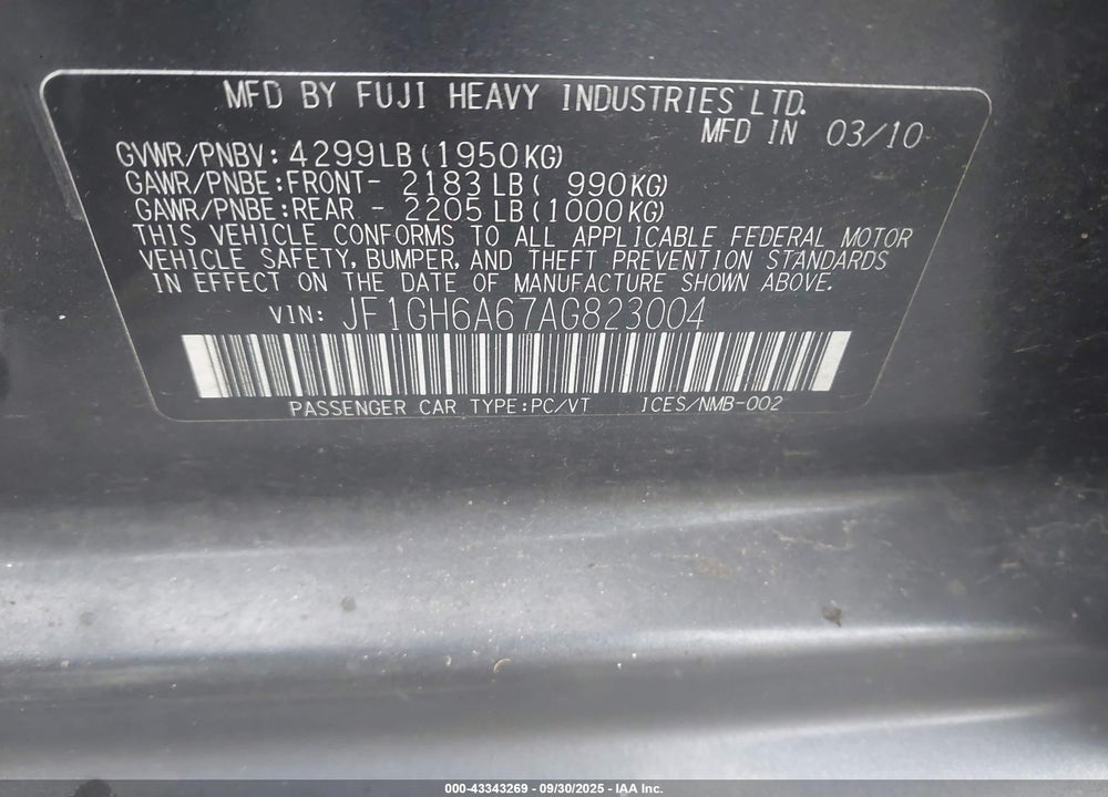 2010 SUBARU IMPREZA VIN: JF1GH6A67AG823004