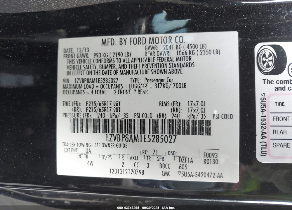 2014 FORD MUSTANG V6 PREMIUM VIN: 1ZVBP8AM1E5285027