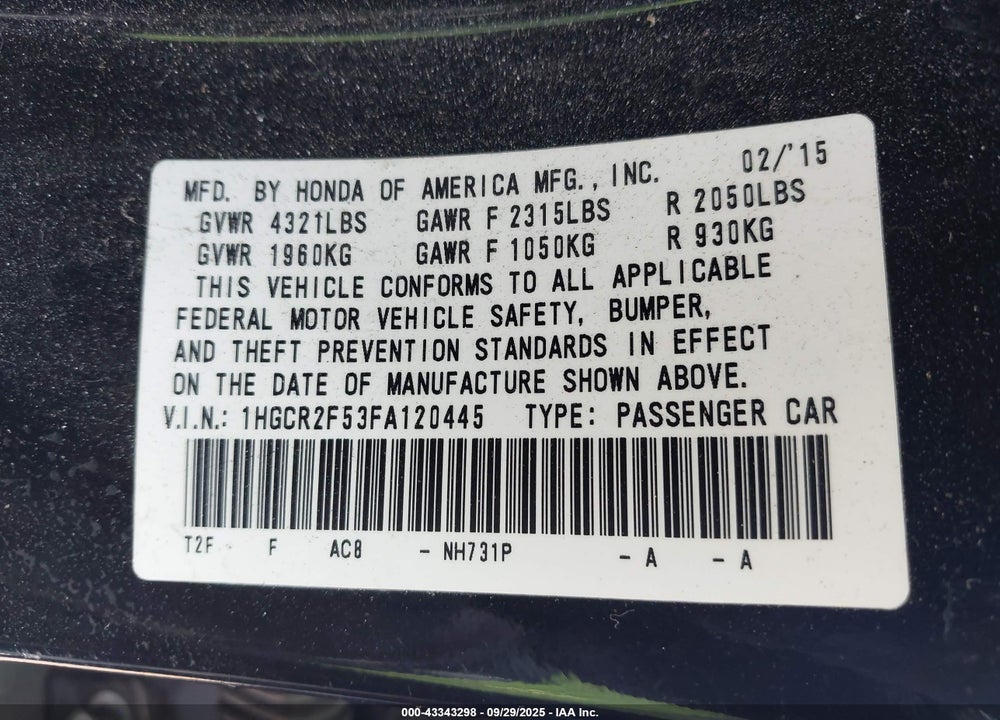 2015 HONDA ACCORD VIN: 1HGCR2F53FA120445