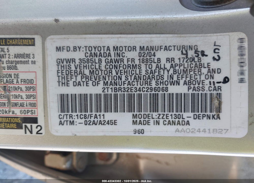2004 TOYOTA COROLLA LE VIN: 2T1BR32E34C296068