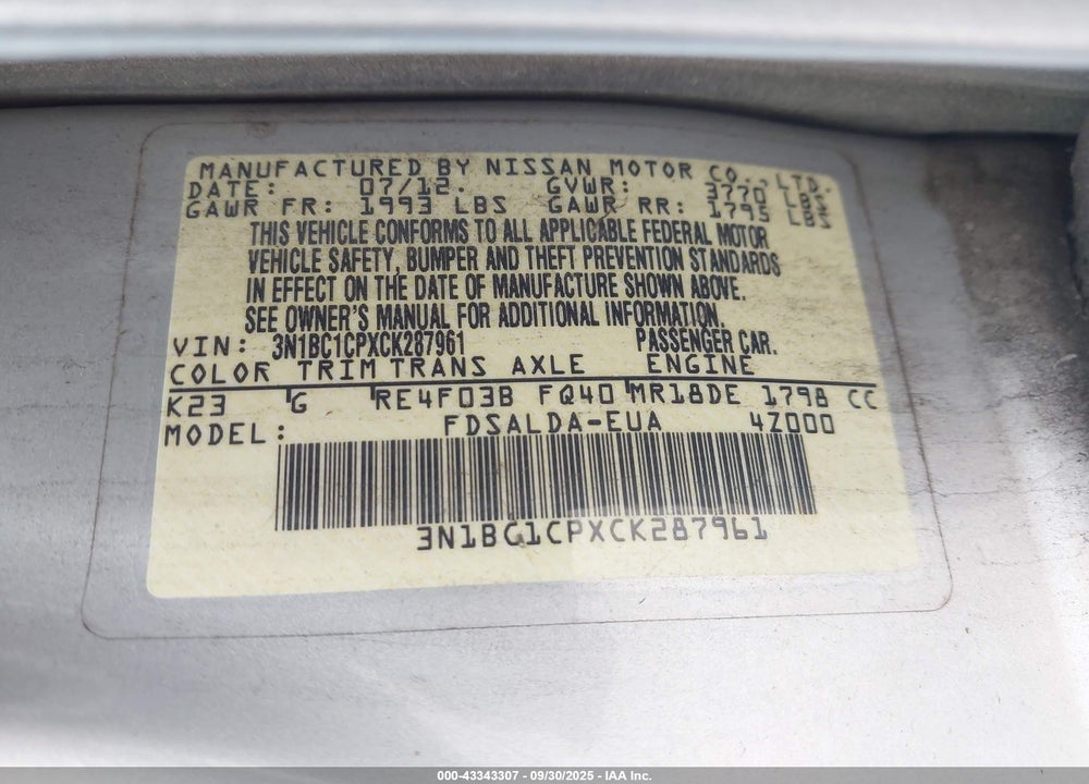 2012 NISSAN VERSA VIN: 3N1BC1CPXCK287961