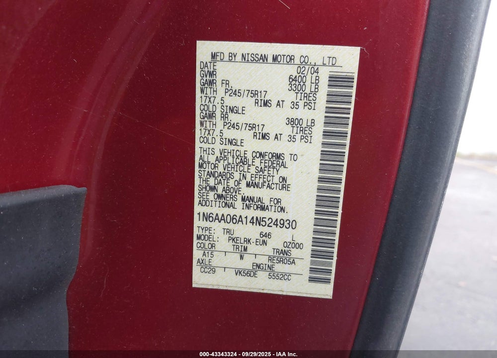 2004 NISSAN TITAN XE VIN: 1N6AA06A14N524930