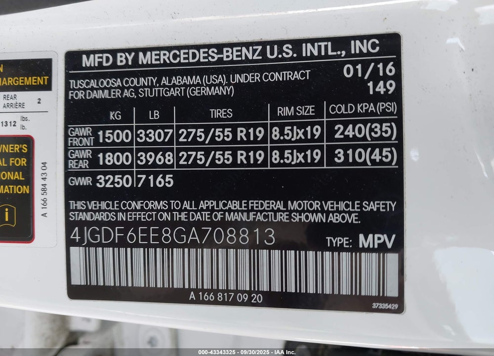 2016 MERCEDES-BENZ GL-CLASS VIN: 4JGDF6EE8GA708813