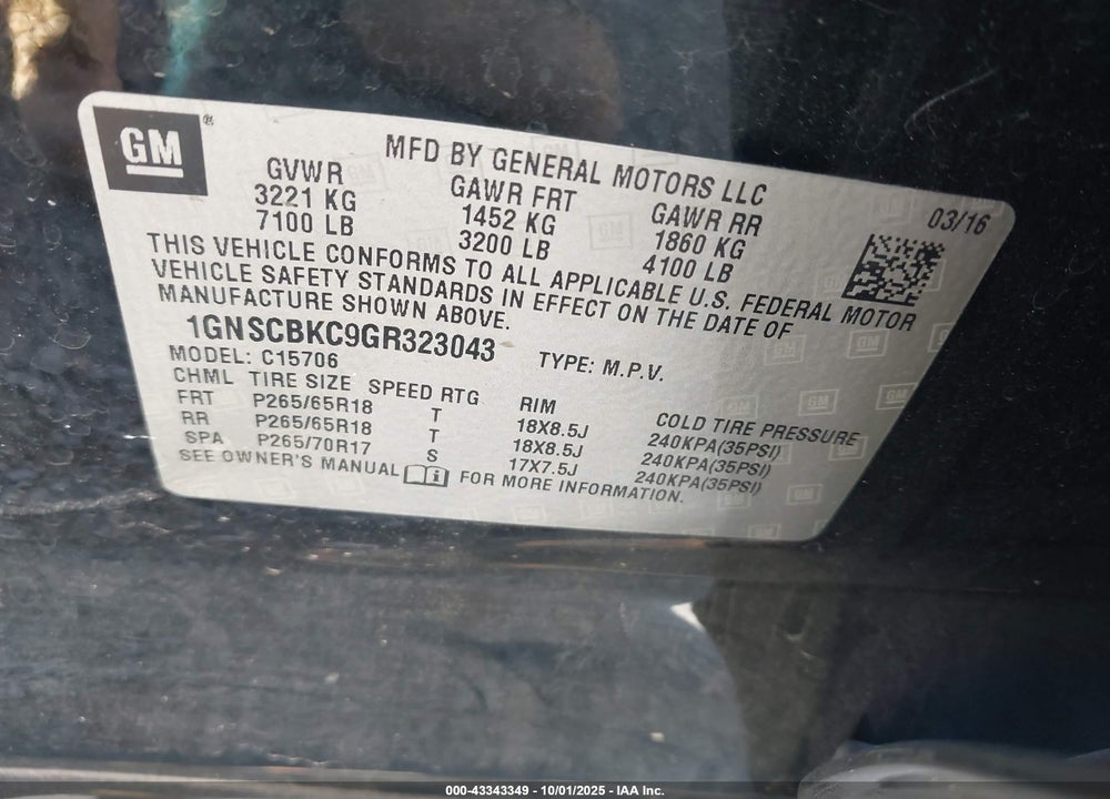 2016 CHEVROLET TAHOE LT VIN: 1GNSCBKC9GR323043