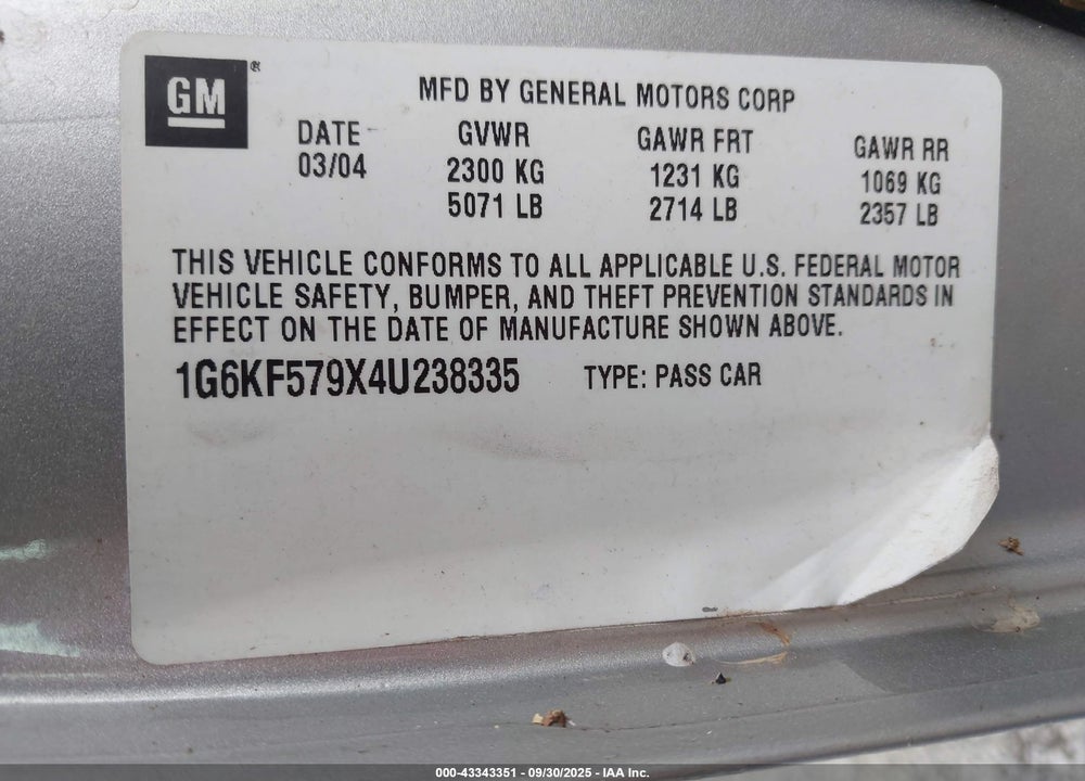 2004 CADILLAC DEVILLE DTS VIN: 1G6KF579X4U238335