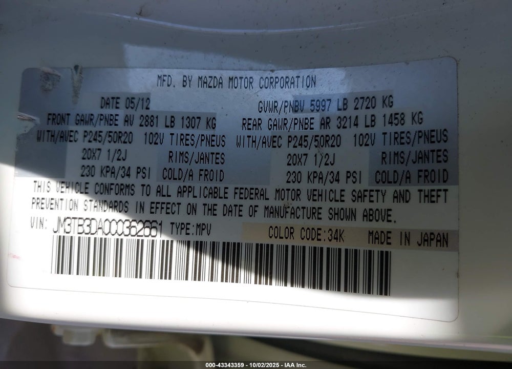 2012 MAZDA CX-9 VIN: JM3TB3DA0C0362661