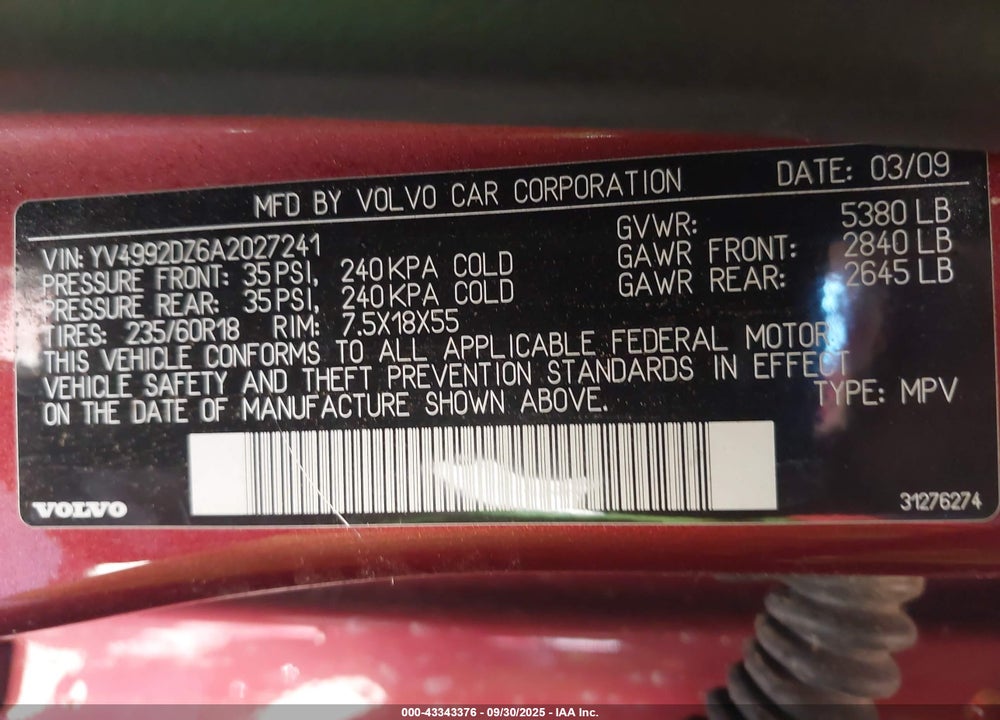 2010 VOLVO XC60 VIN: YV4992DZ6A2027241