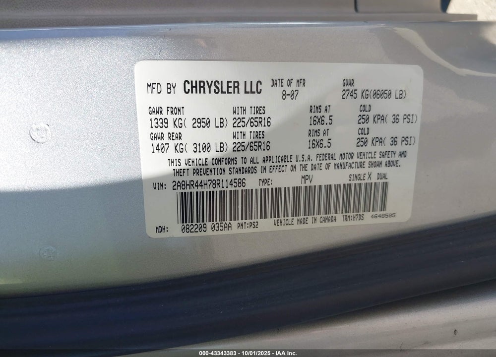 2008 CHRYSLER TOWN & COUNTRY LX VIN: 2A8HR44H78R114586