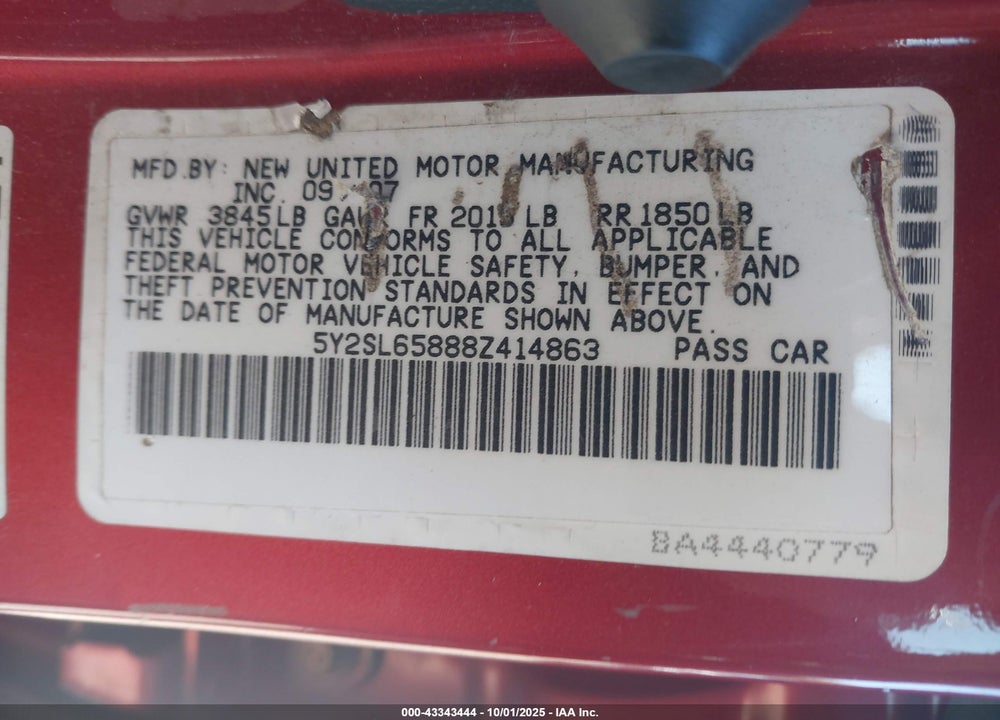 2008 PONTIAC VIBE VIN: 5Y2SL65888Z414863