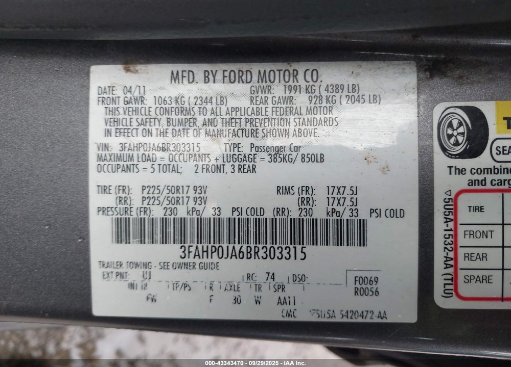 2011 FORD FUSION VIN: 3FAHP0JA6BR303315