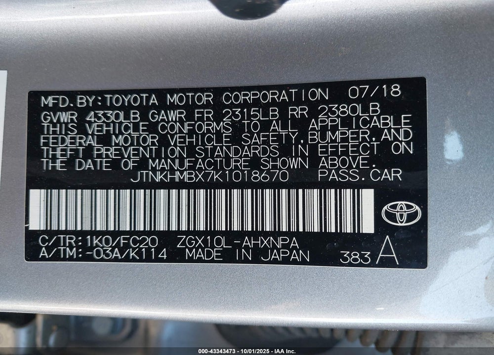 2019 TOYOTA C-HR VIN: JTNKHMBX7K1018670