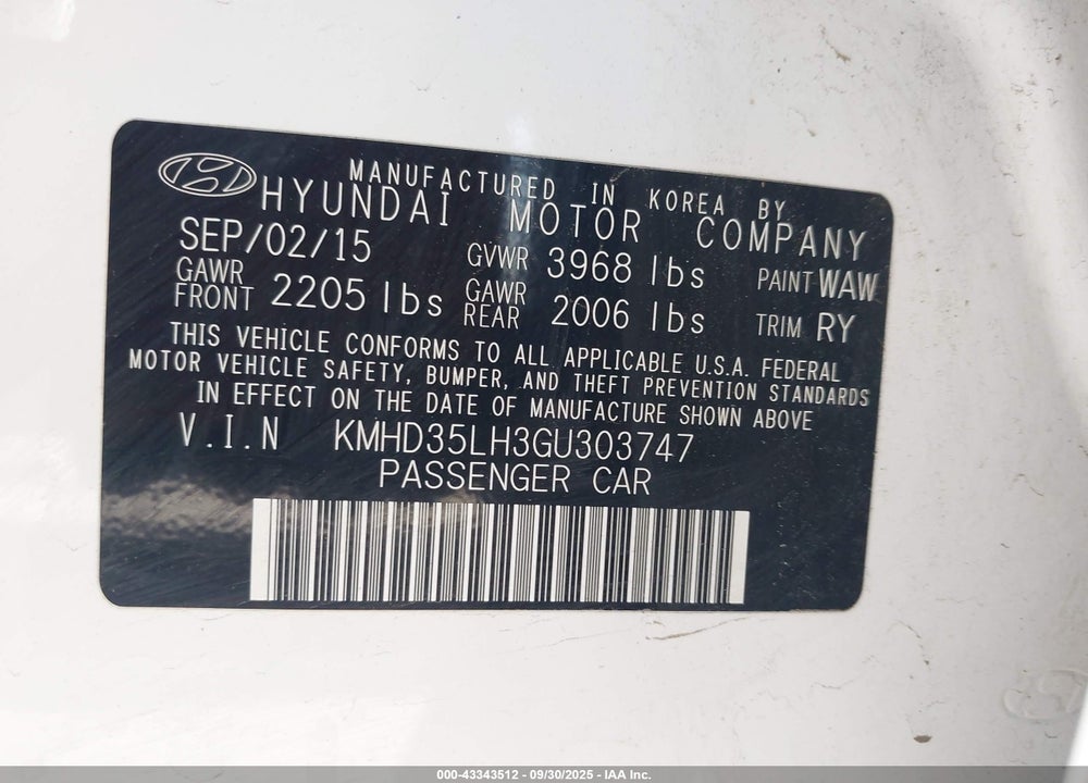 2016 HYUNDAI ELANTRA GT VIN: KMHD35LH3GU303747