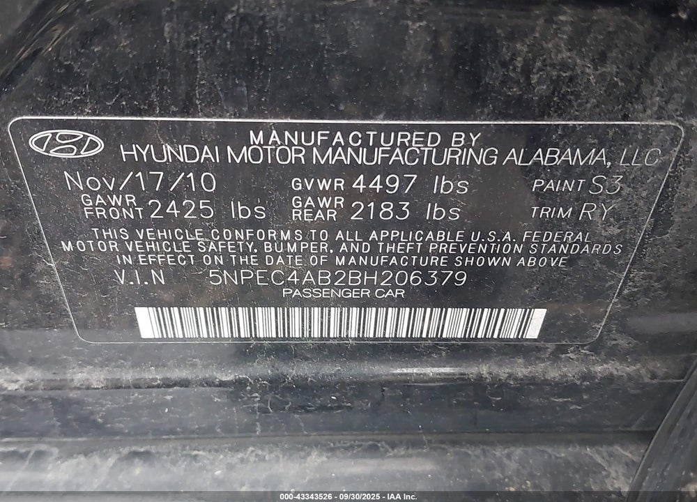 2011 HYUNDAI SONATA VIN: 5NPEC4AB2BH206379