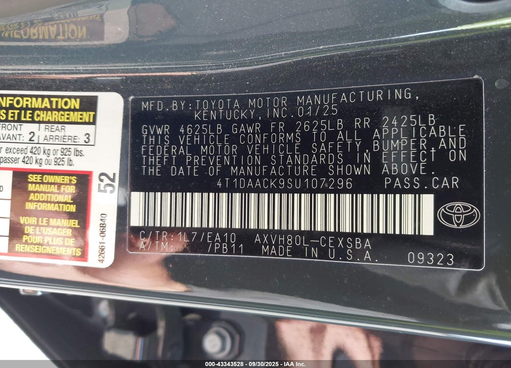 2025 TOYOTA CAMRY SE VIN: 4T1DAACK9SU107296